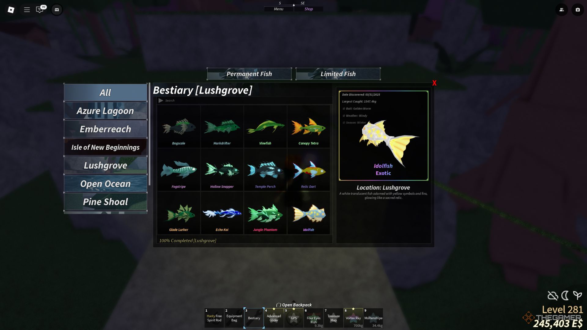 The player character shows a fully completed Lushgrove bestiary in Fisch.