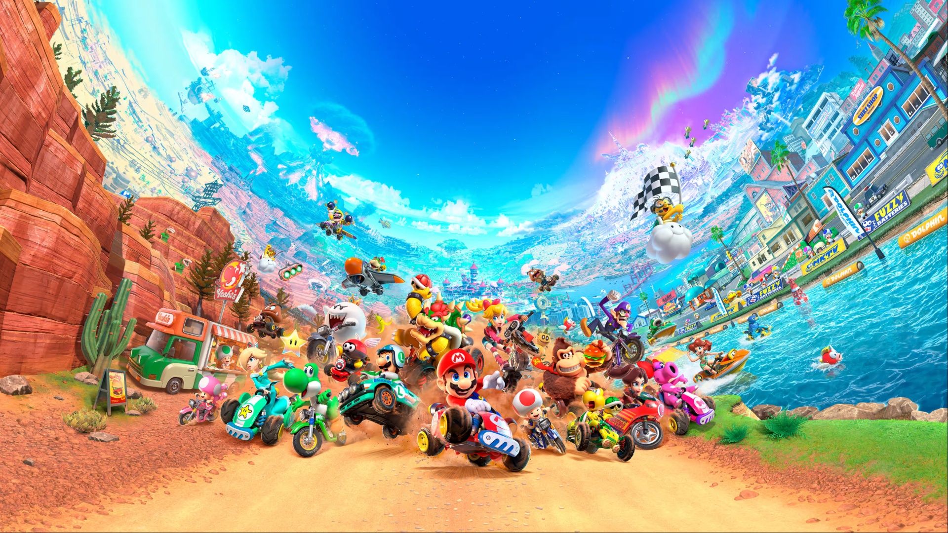 Key Art for Mario Kart World, showcasing the enormous cast of characters you can play as they race through a canyon.
