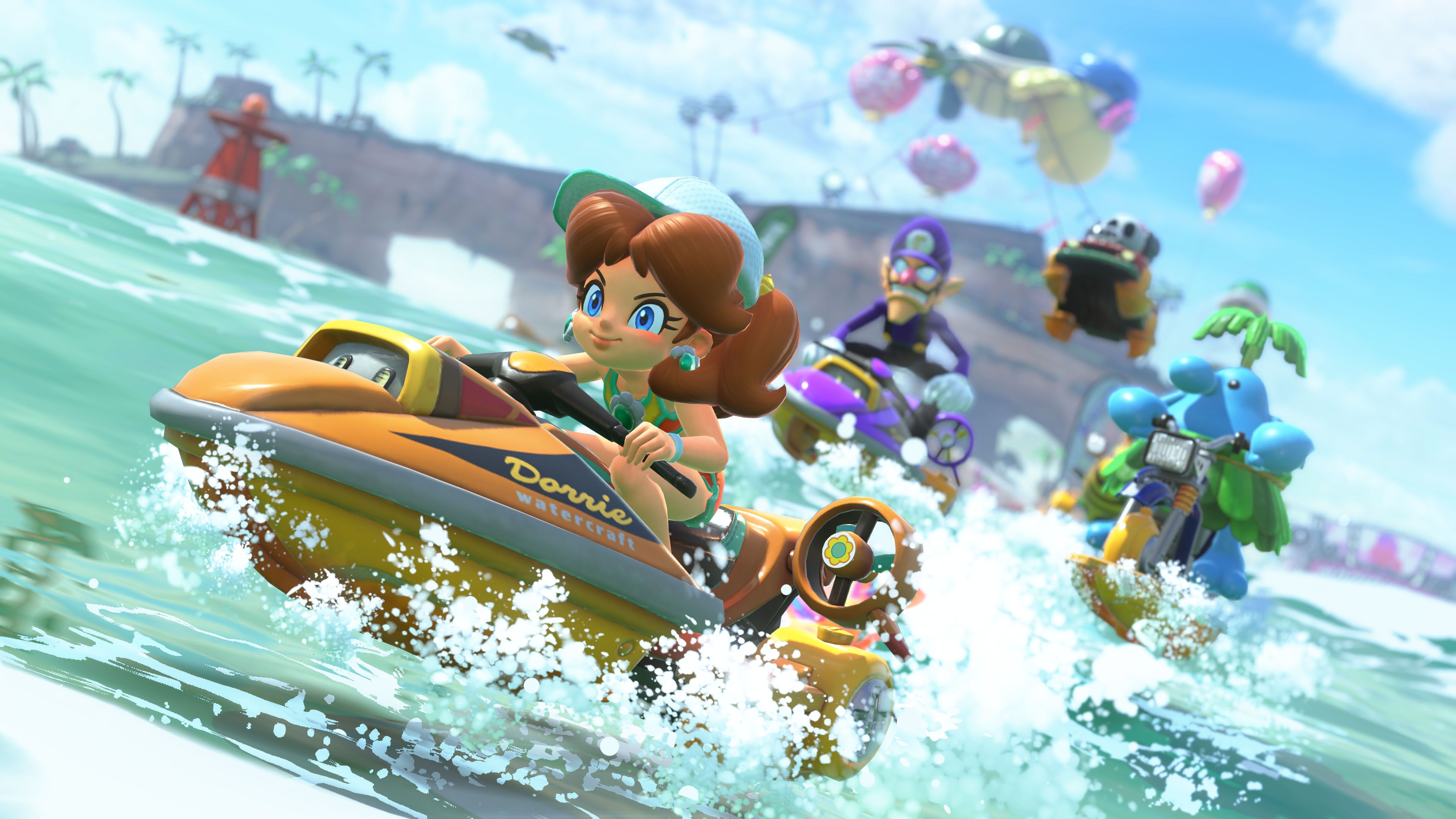 Daisy rides a jetski against Waluigi in Mario Kart World 