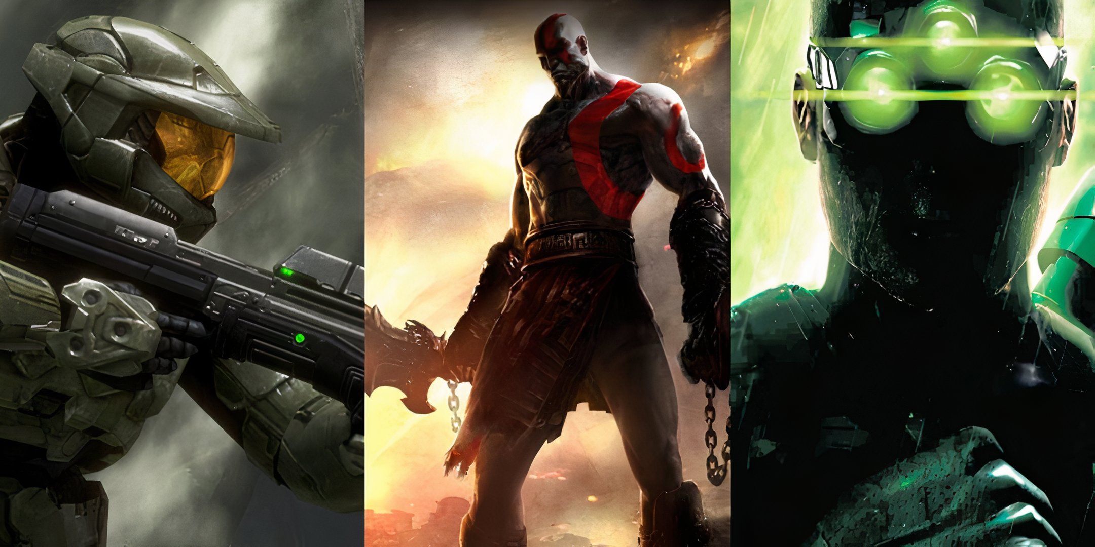Master Chief from Halo, Kratos from key art to God of War Ghost of Sparta, and key art for Splinter Cell