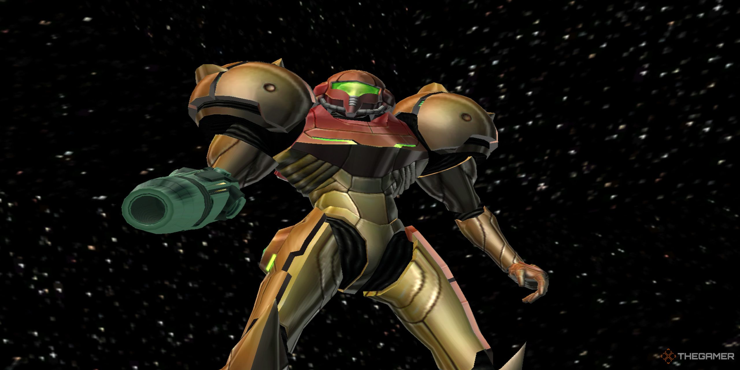 Samus Aran standing under a starry sky in Metroid Prime.