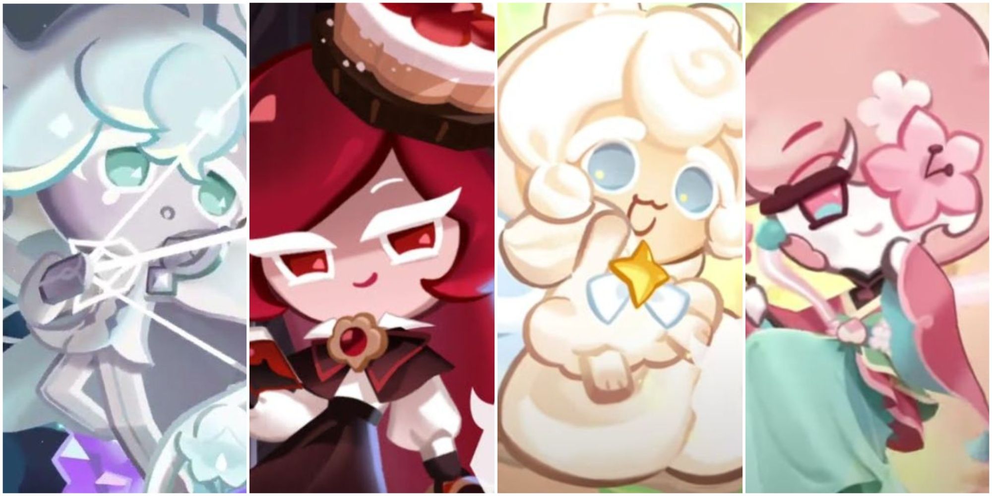 A collage of images of Support Cookies Silverbell Cookie, Linzer Cookie, Cream Ferret Cookie and Peach Blossom Cookie from Cookie Run Kingdom