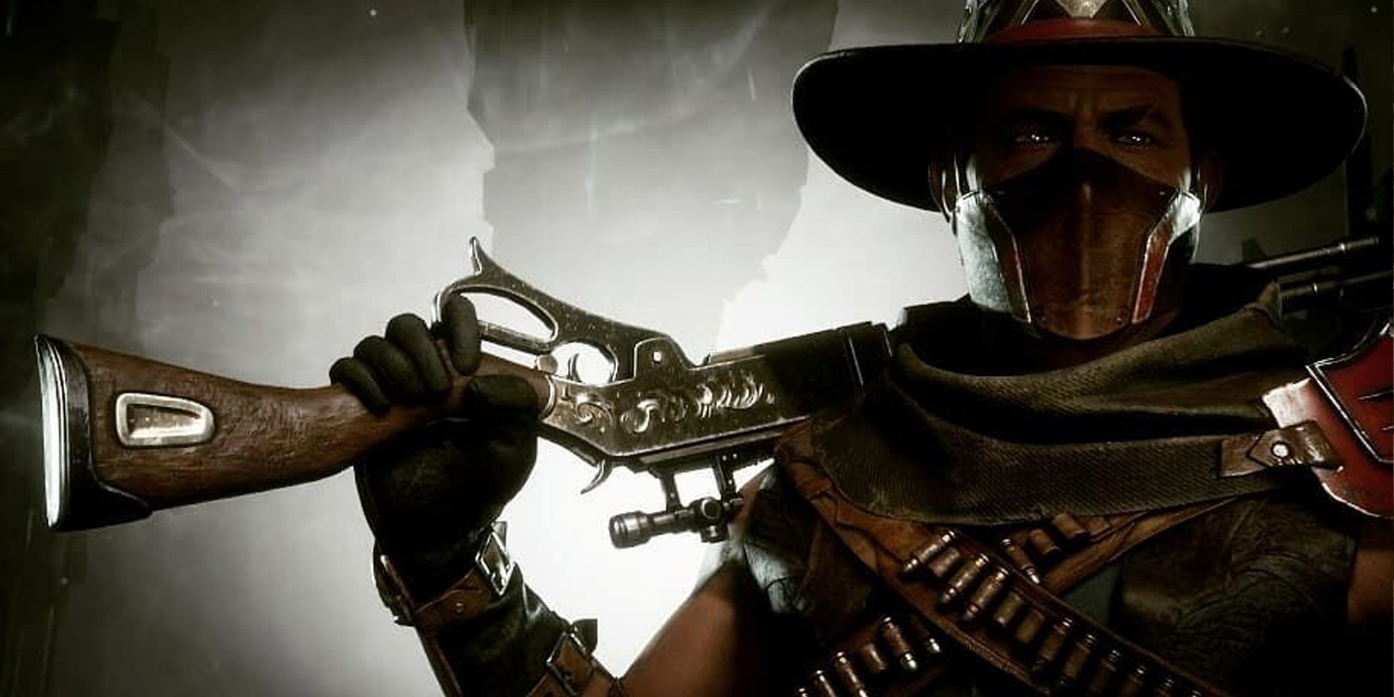 Mortal Kombat 11 Erron Black resting his rifle on his back while looking past the camera over a smoky grey background.