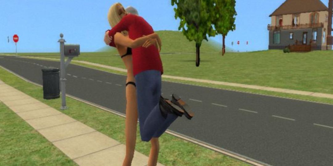 Mortimer Goth leaps into Dina Caliente's arms in the Sims 2