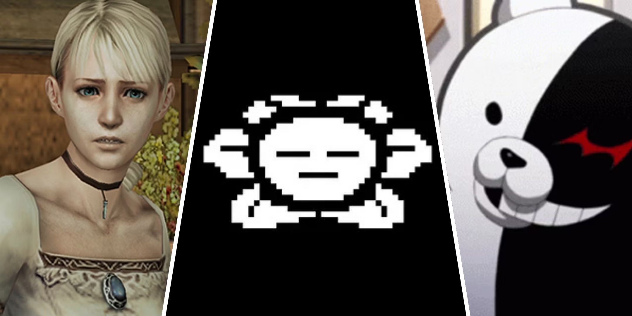 Split image showing Fiona from Haunting Ground, Flowey from Undertale, and Monokuma from Danganronpa.