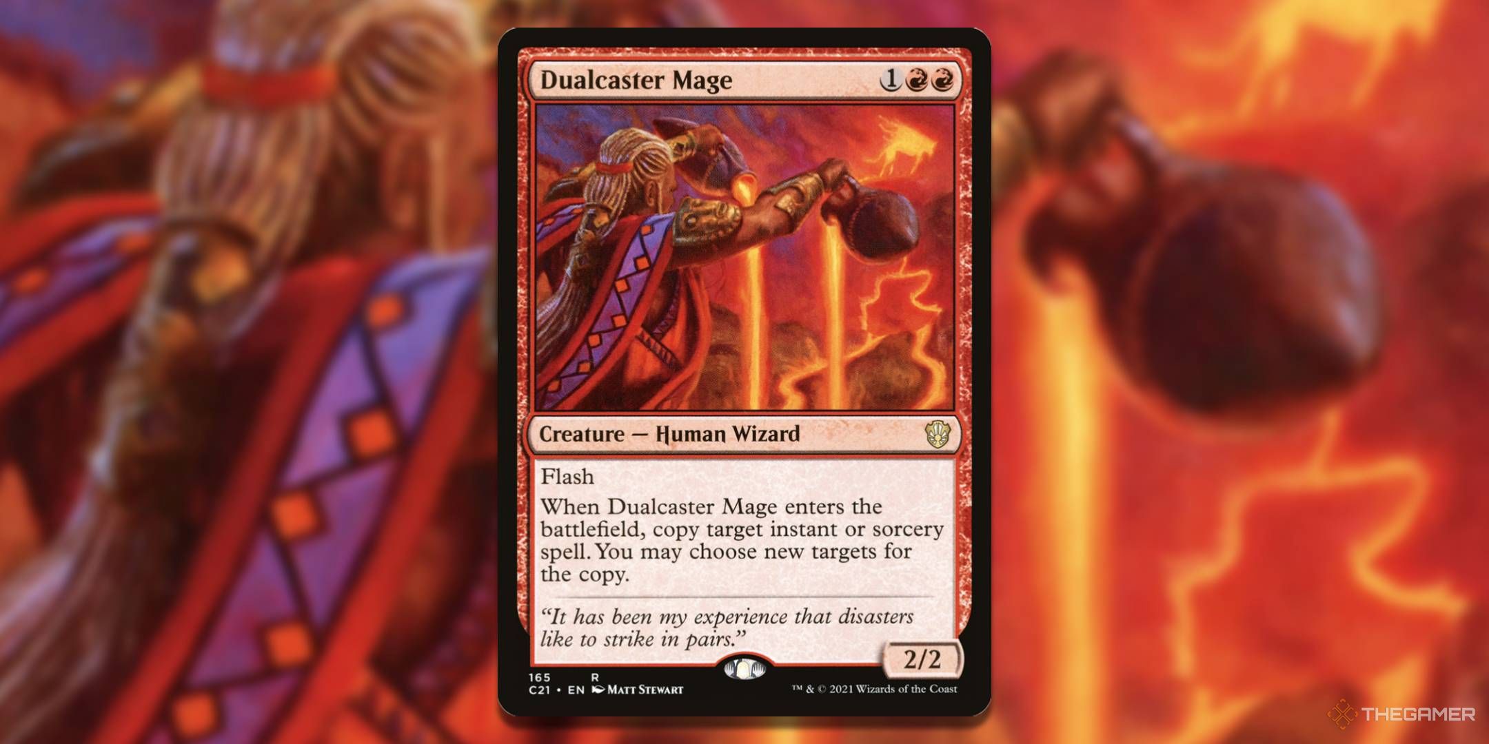 MTG Dualcaster Mage card with the art in the background.