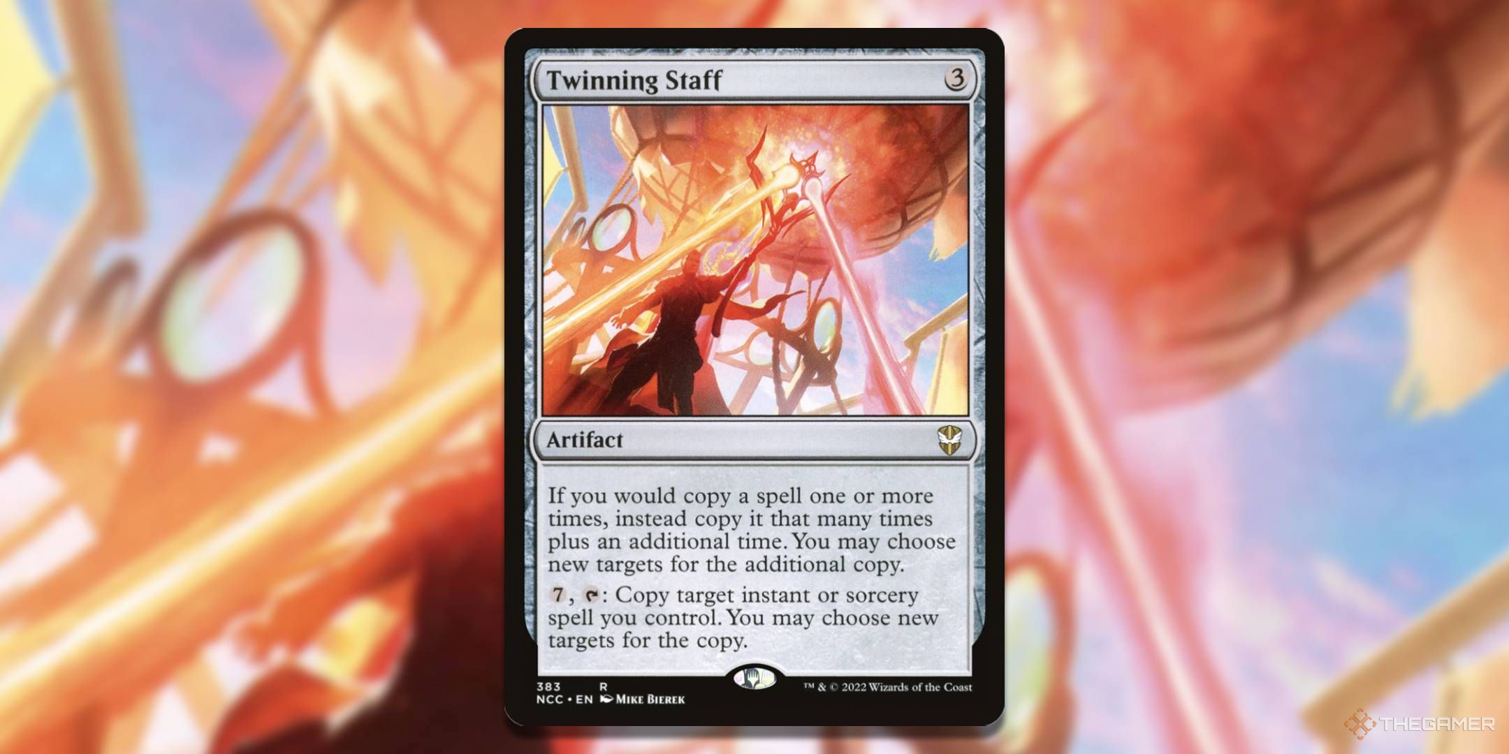 MTG Twinning Staff card with the art in the background.