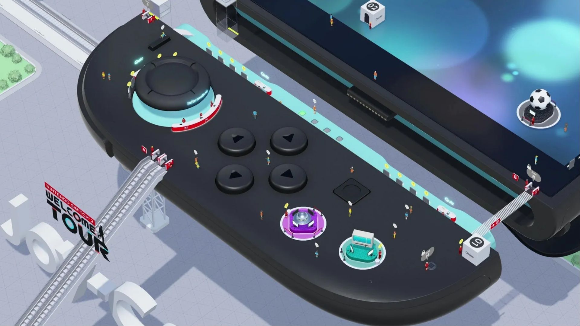 An image taken from the trailer of Nintendo Switch 2 Welcome Tour, showcasing people walking around the Nintendo Switch 2 system to learn more about it.
