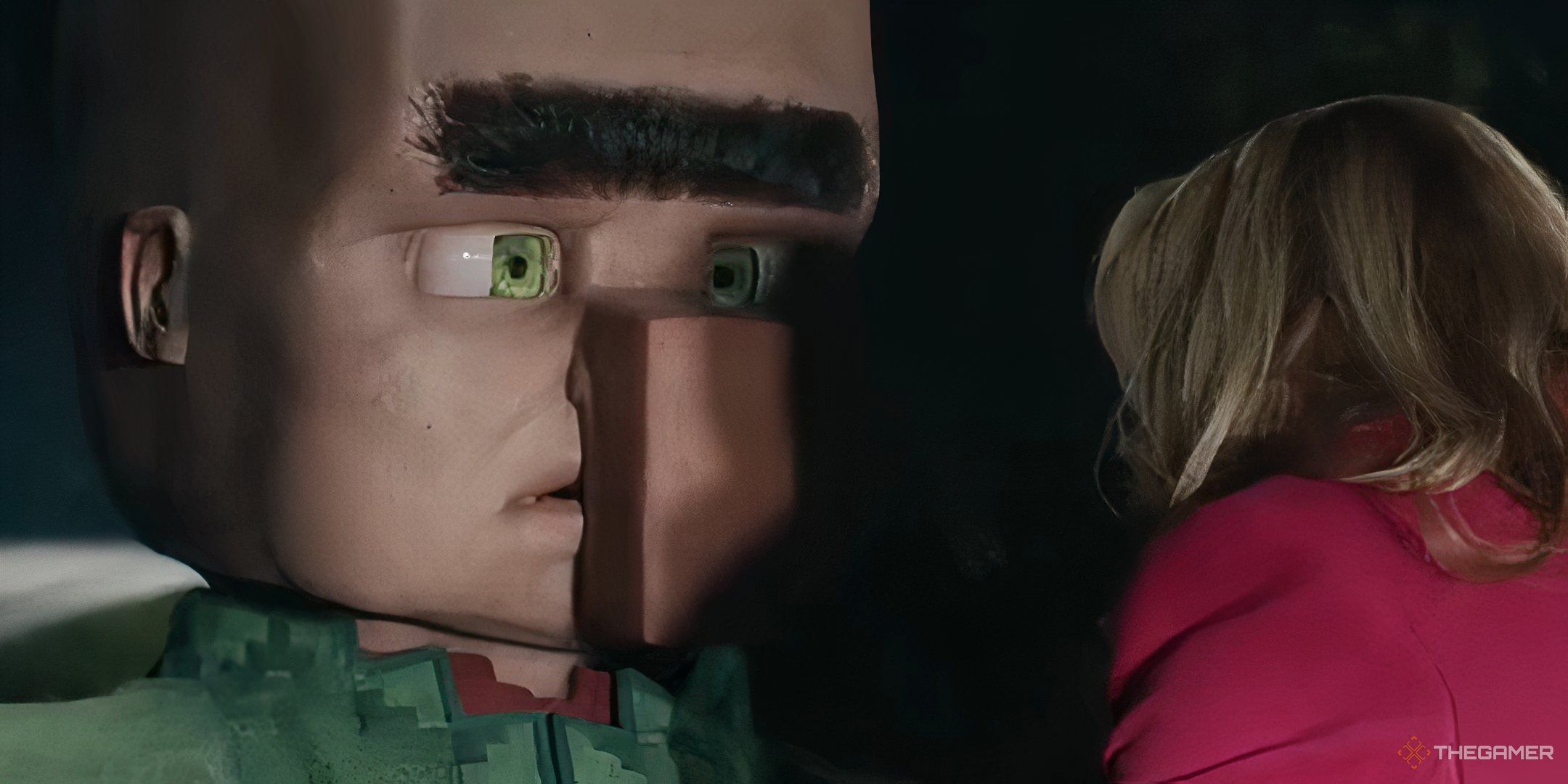 Nitwit facing Marlene from A Minecraft Movie.