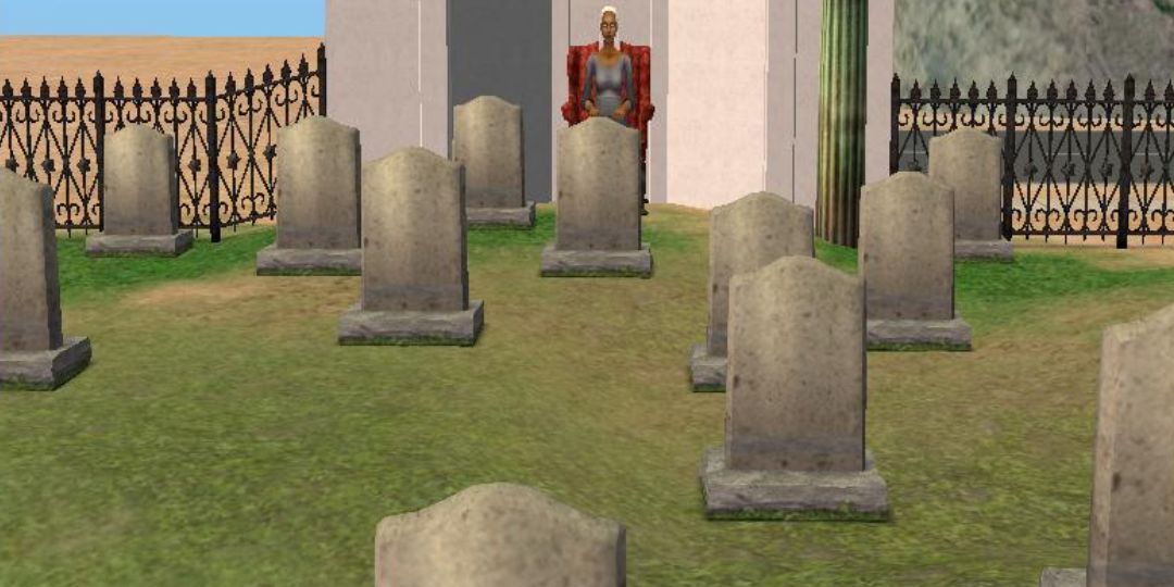 Olive Specter sits in her personal graveyard in the Sims 2