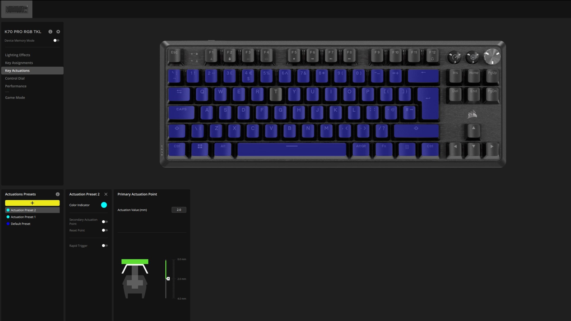 Corsair iCue software customizing actuation points on the Corsair K70 Pro TKL gaming keyboard