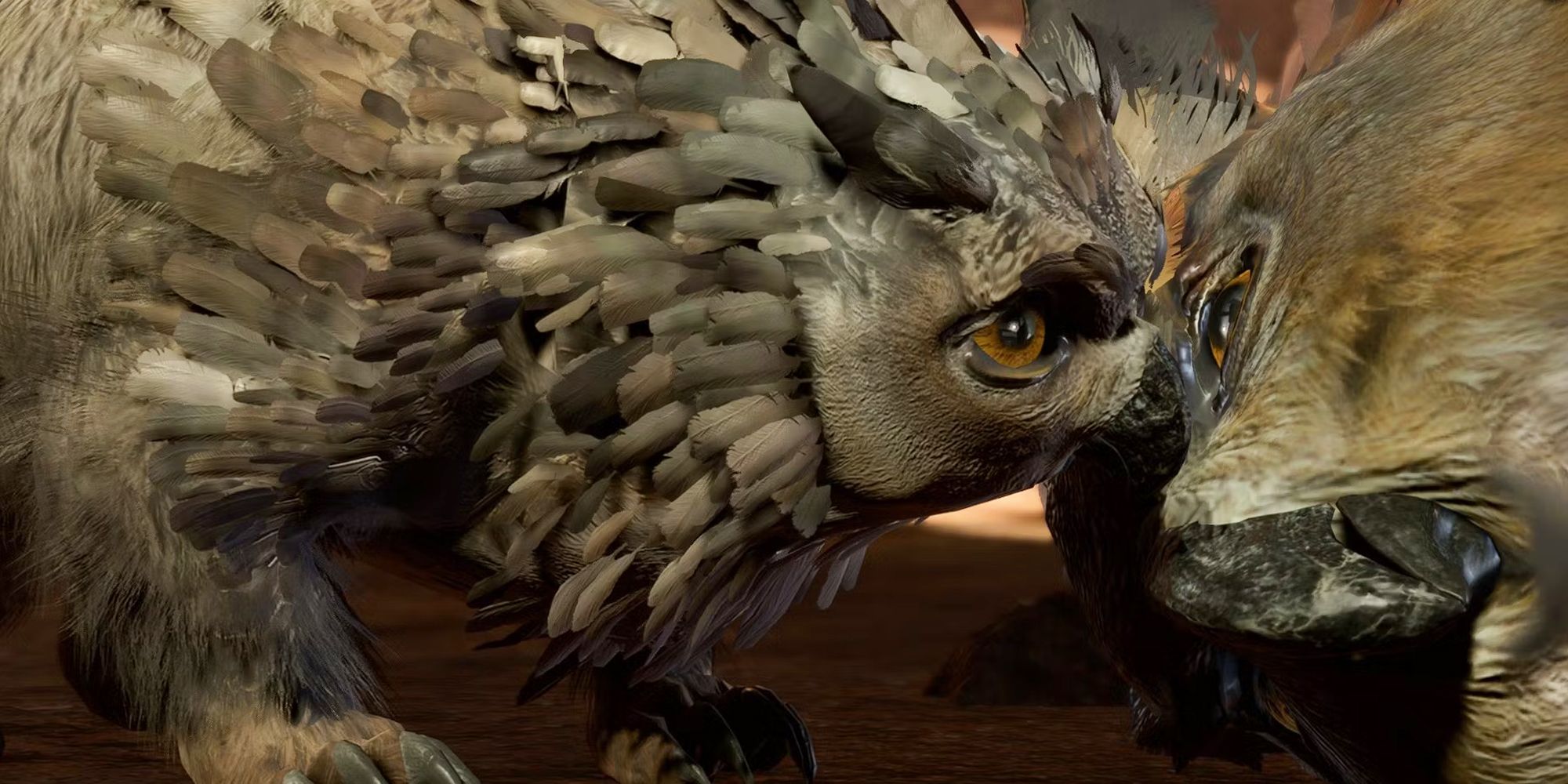Owlbear cub in Baldurs Gate 3 nudging its mothers head who lays dead besides it.