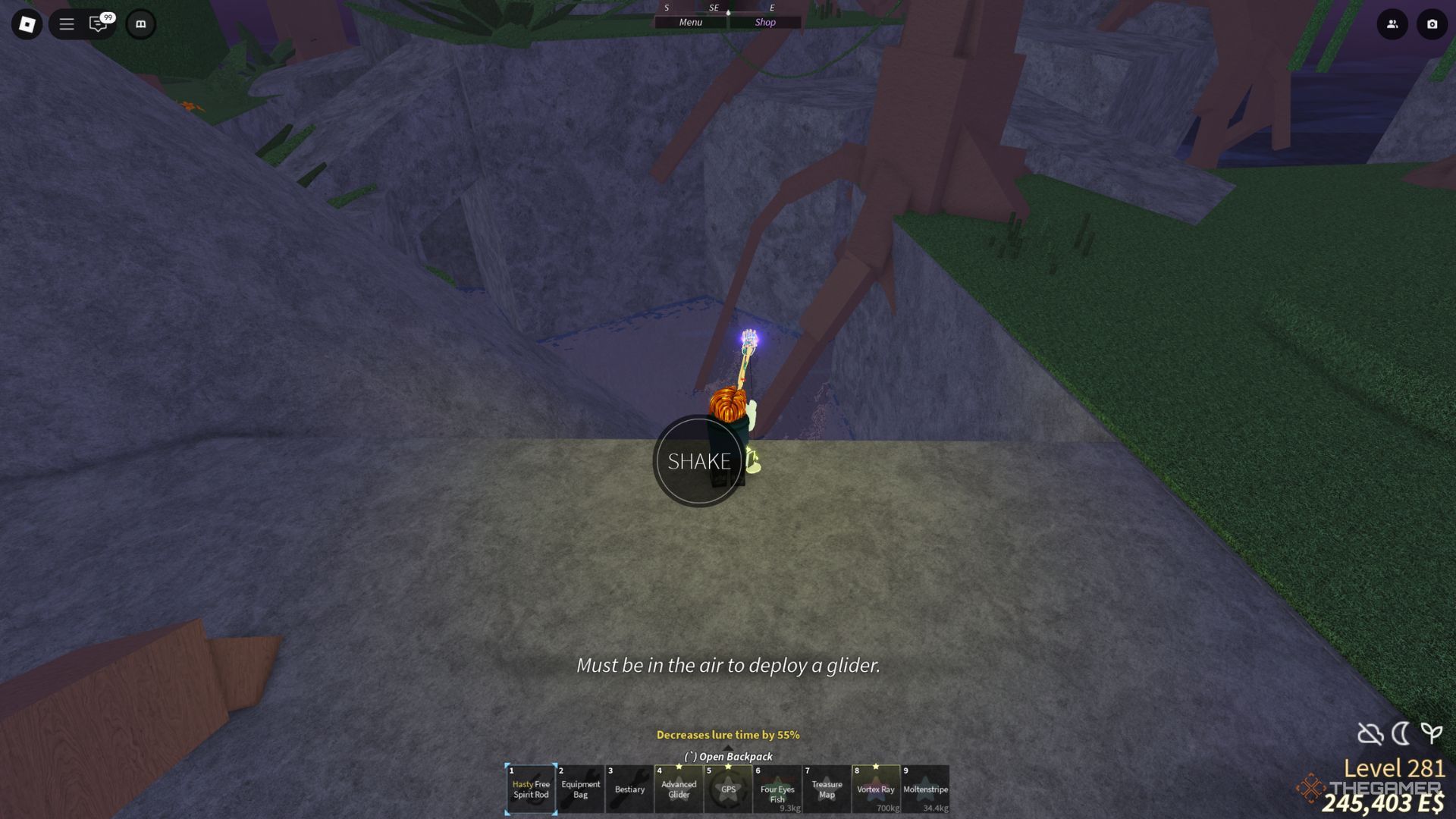 The player character is fishing using the Free Spirit Rod in the Lushgrove area in Fisch.