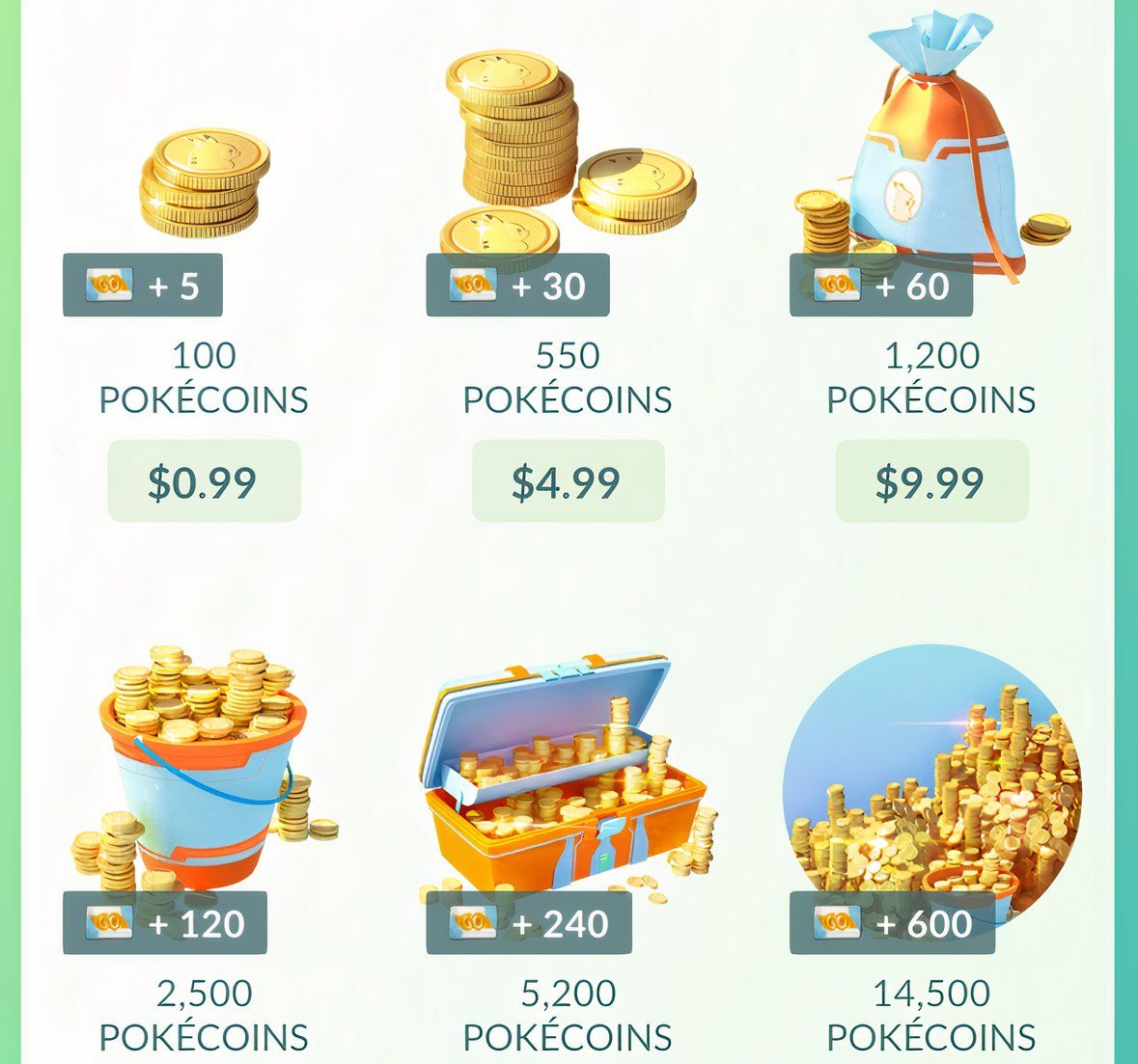 Six different PokeCoin purchase options from the in-game shop from Pokemon Go.