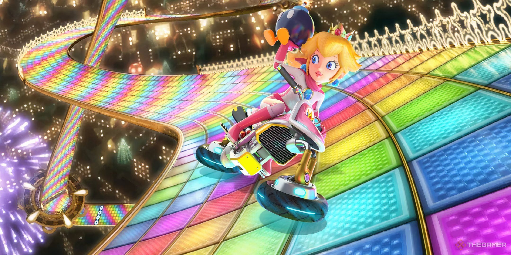 Princess Peach holding a Bomb while riding down Rainbow Road in Mario Kart 8 Deluxe.