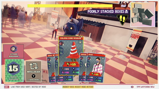 Promise Mascot Agency review: a battle depicted via on-screen cards.