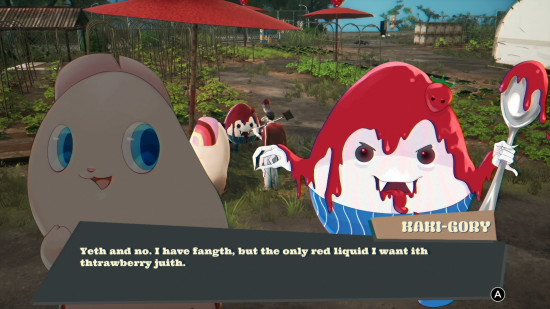 Promise Mascot Agency review: two plushie-like creatures talking. One is covered in what appears to be fake blood.