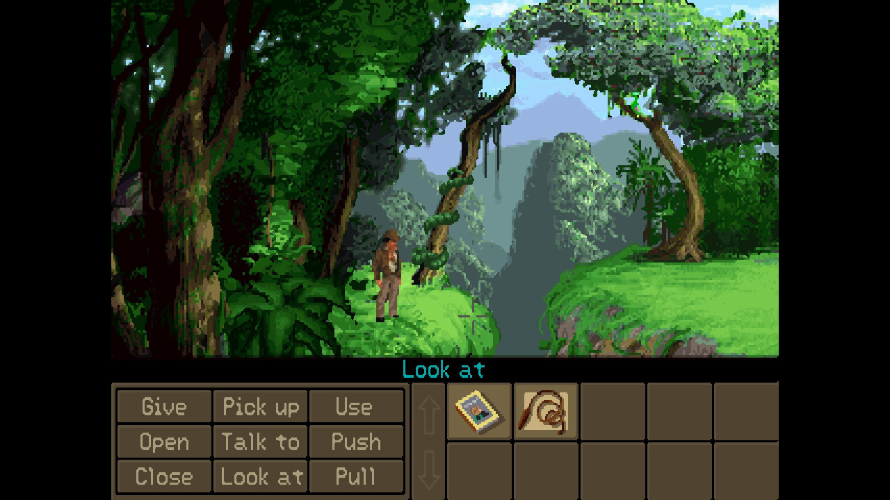 Indy ponders how to cross a jungle ravine in Indiana Jones and the Fate of Atlantis