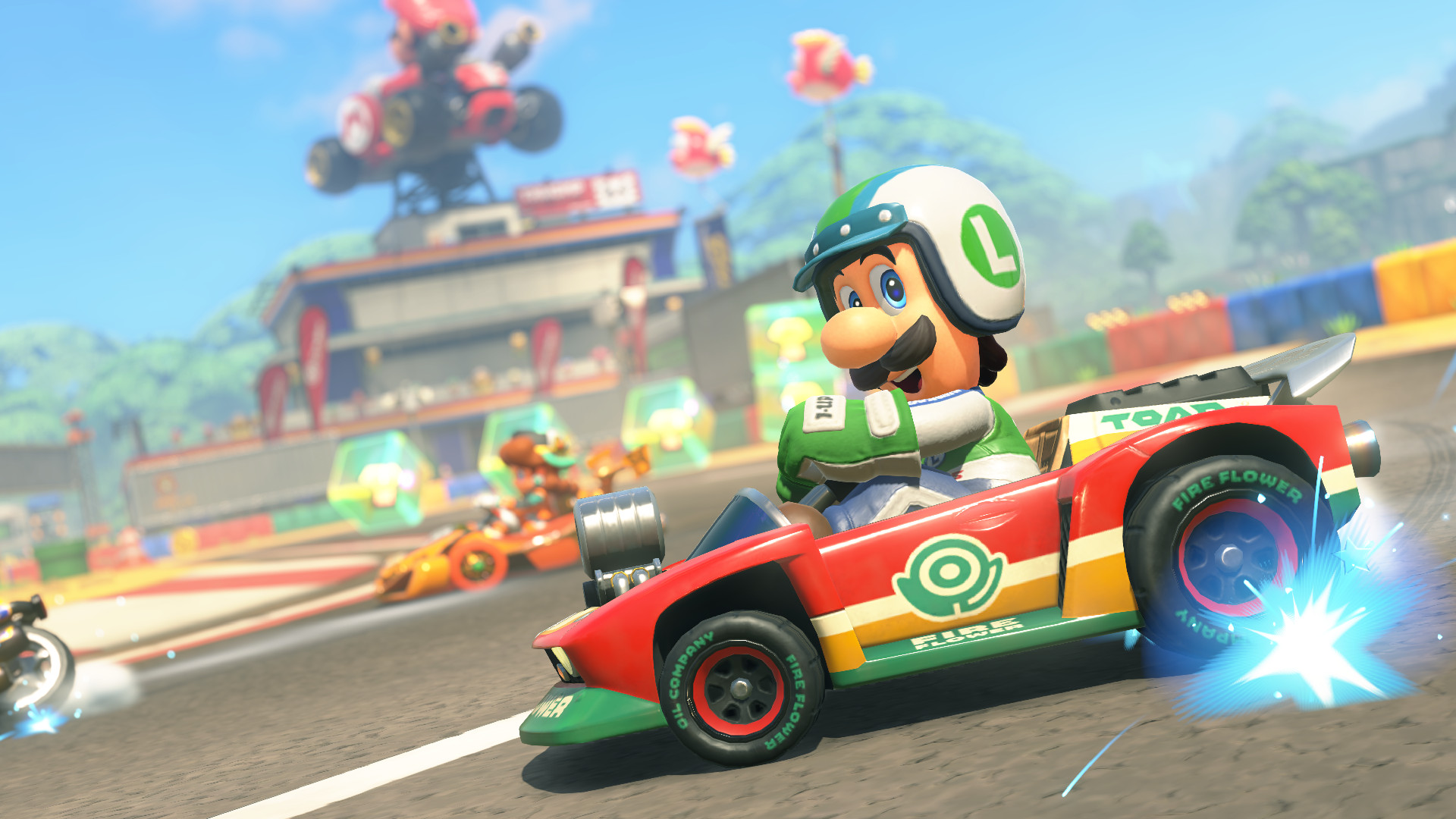 Mario Kart World screenshot showing luigi in smart racing gear sliding around a corner