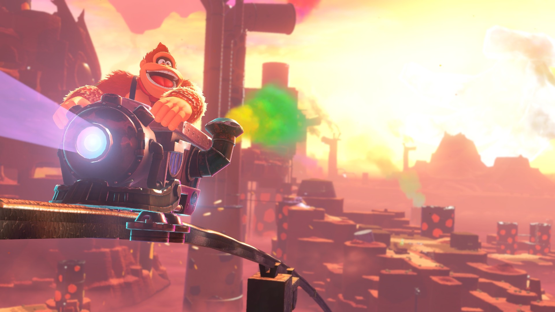 Donkey Kong Bananza screenshot of DK riding in a train kart on a rail