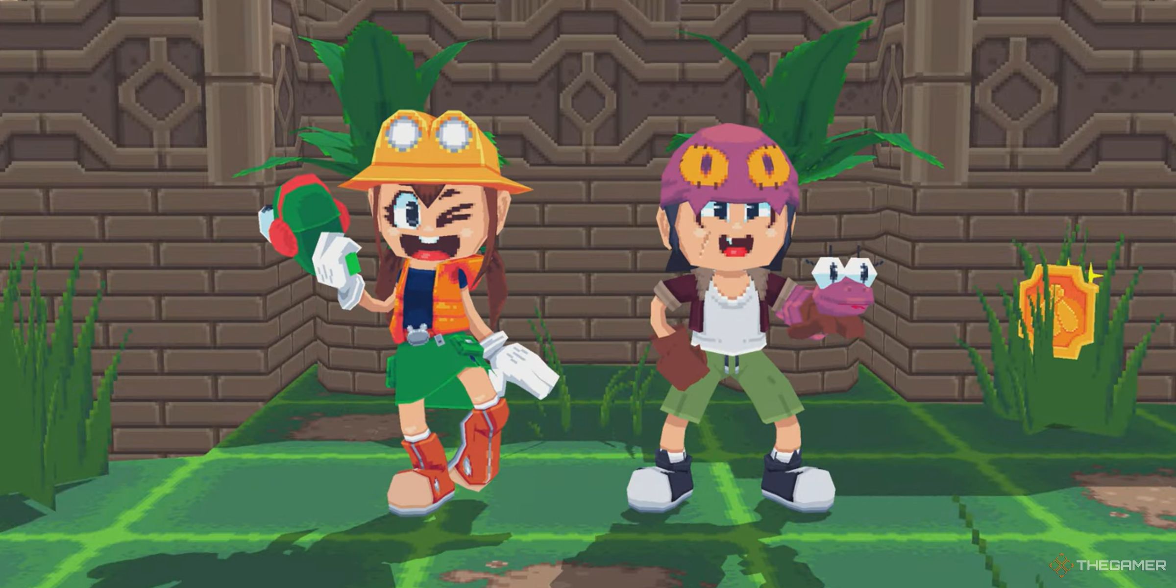 Renata And Jake Celebrating Completing A Level In Frogun: Encore.