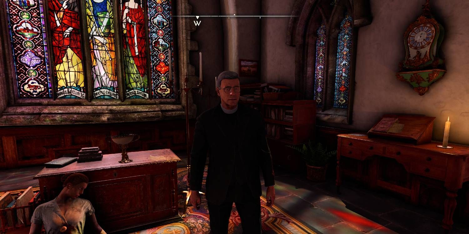 Reverand McHenry standing next to Maisie in the church in Atomfall.