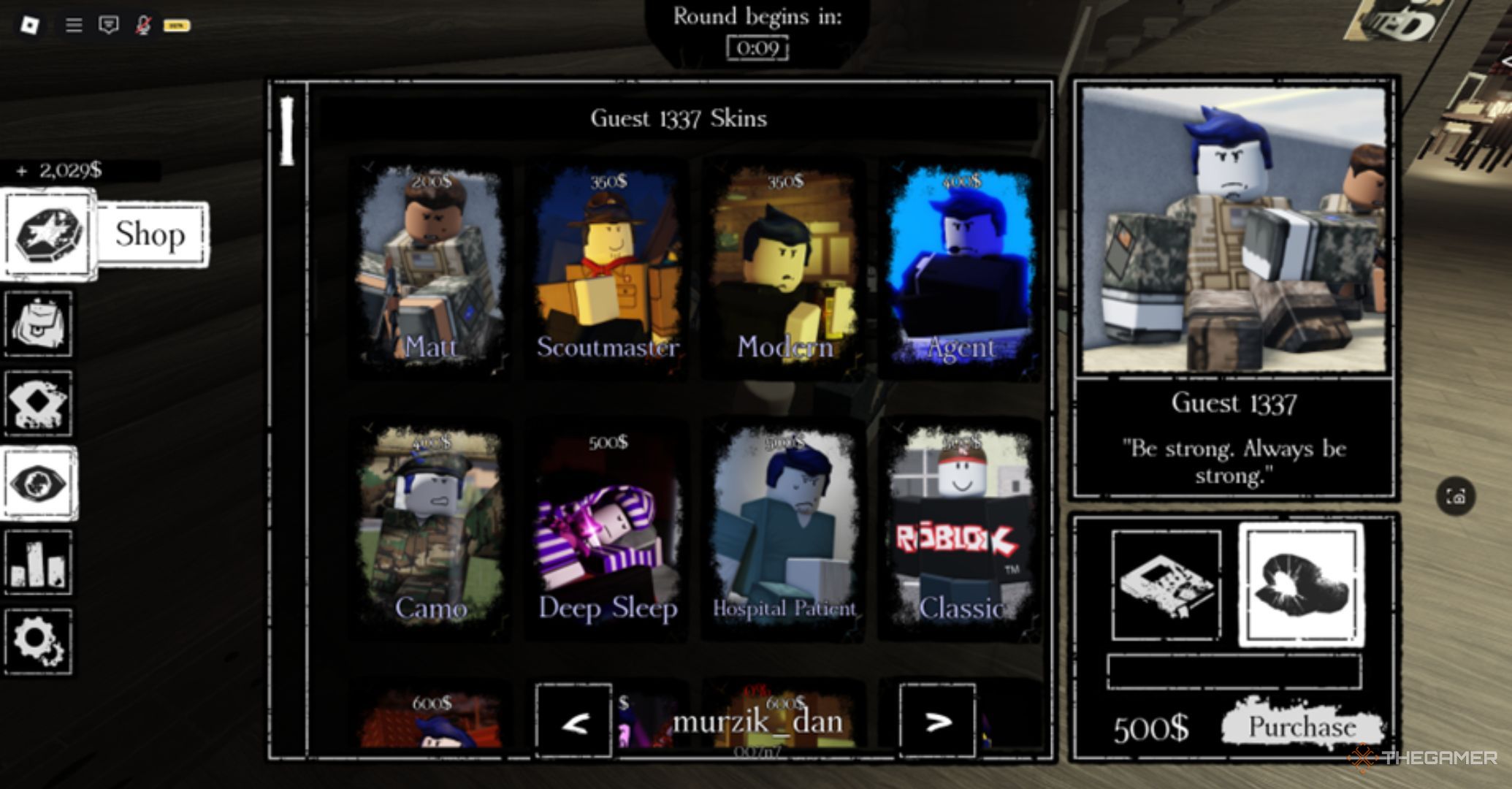 Roblox Forsaken – 8 Guest 1337 Skins in the store interface to buy a skin.