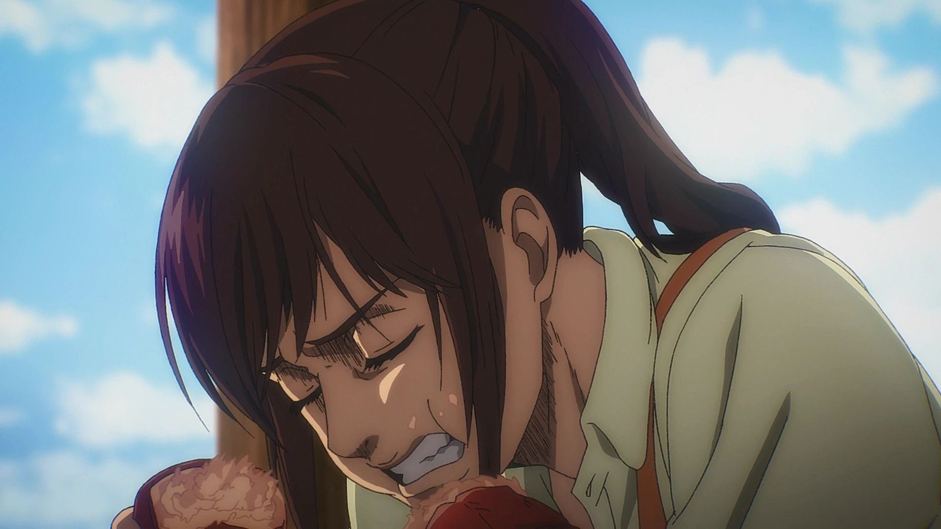 Sasha from Attack on Titan aggressively eating seafood.