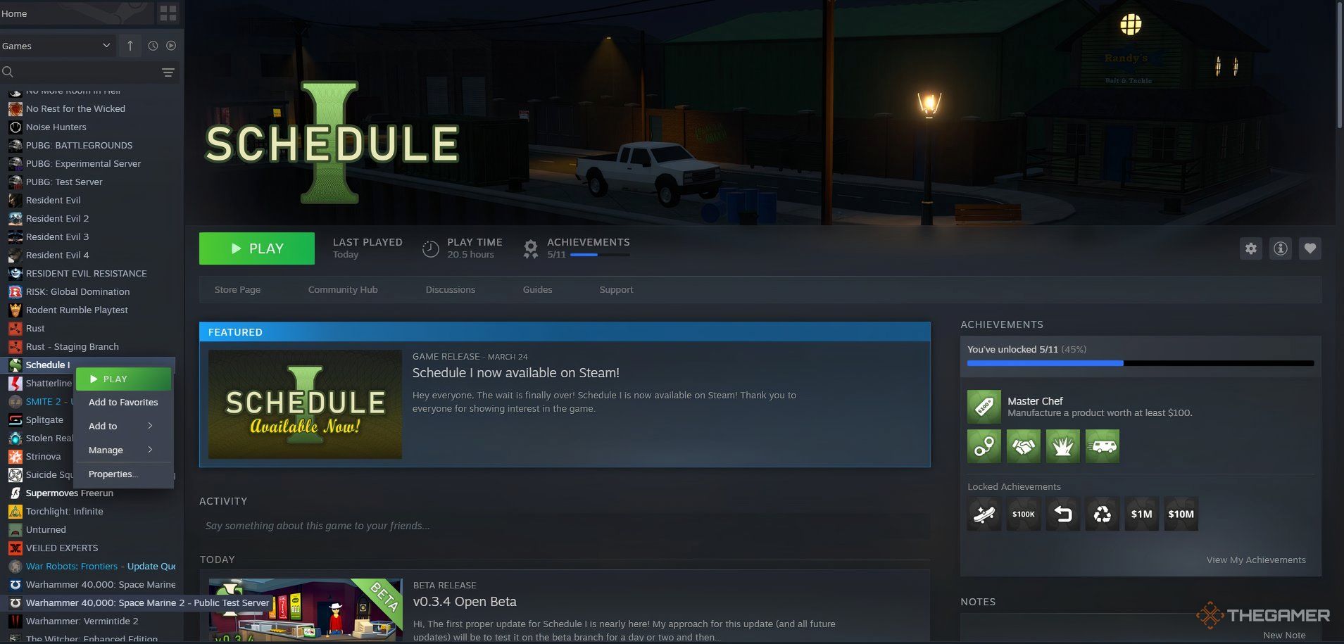 Properties option selected in the drop down menu for Schedule 1.