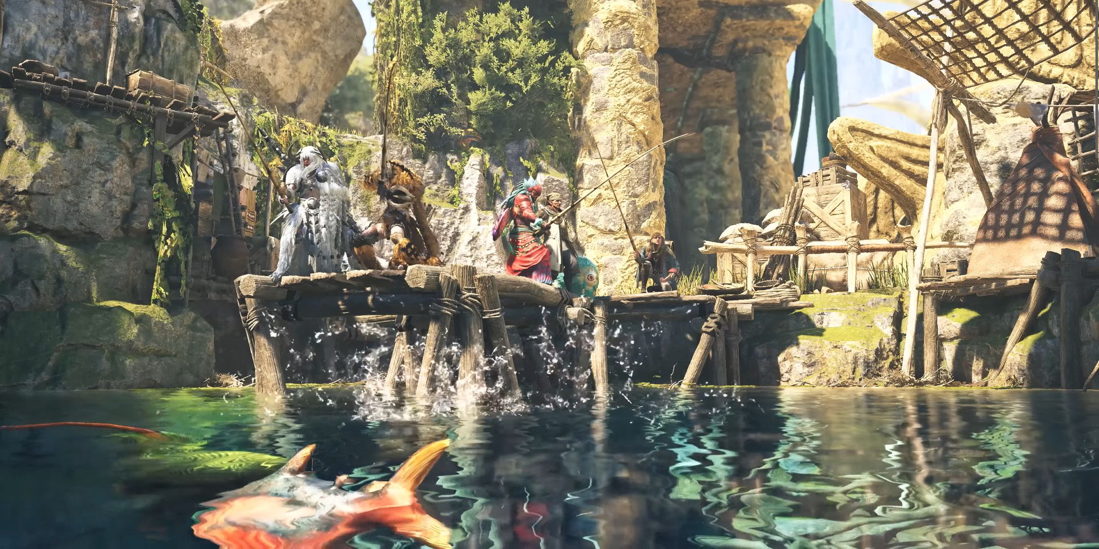 Several players fishing in Monster Hunter Wilds