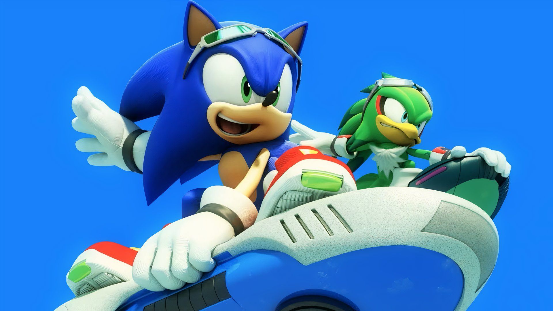 Sonic racing Jet the Hawk in the opening cutscene for Sonic Free Riders.