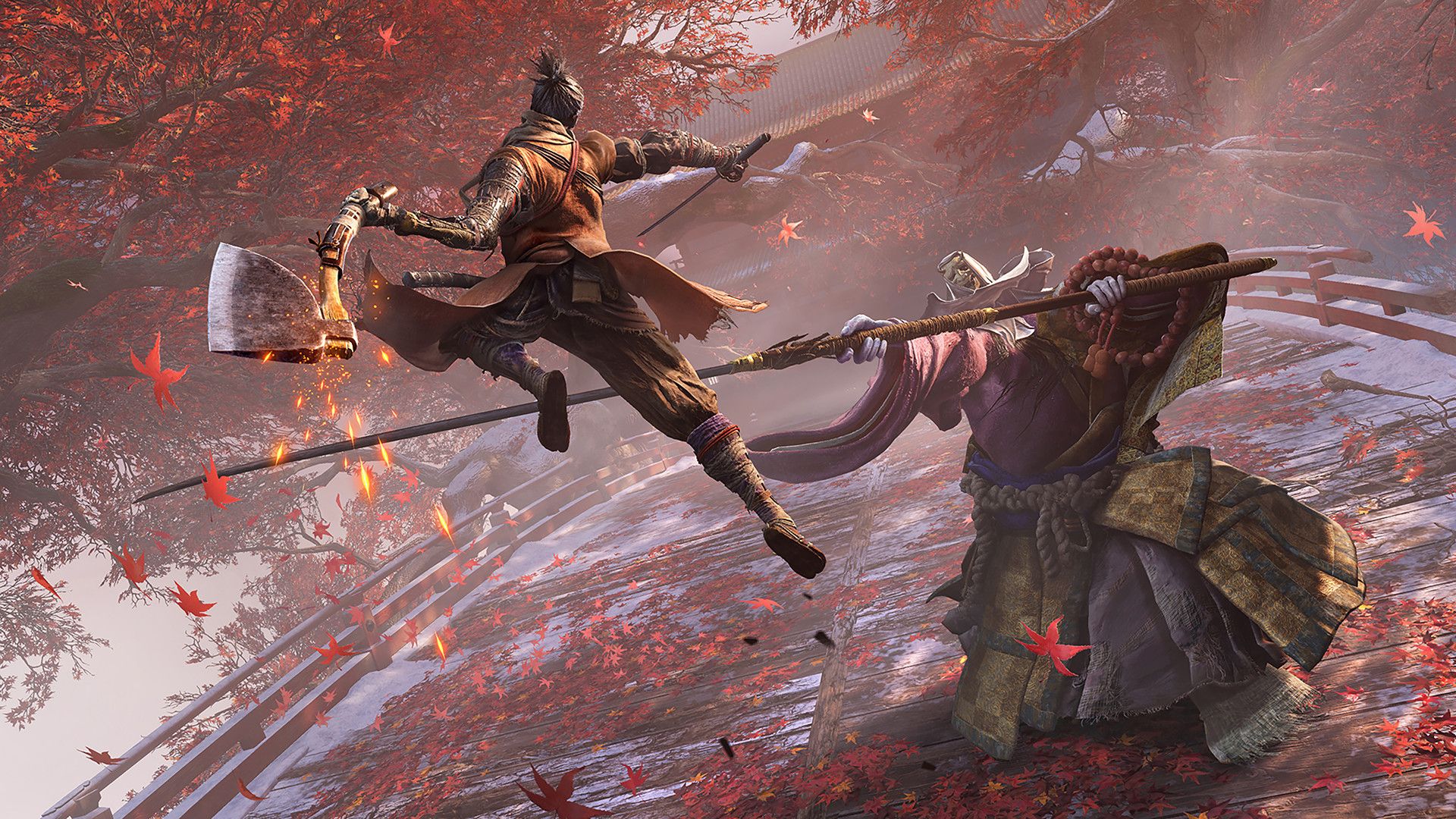 Sekiro- Priest Boss Fight on the Cherry Blossom Bridge.