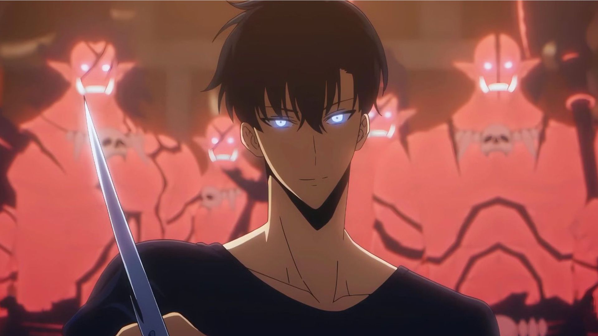 Sung Jinwoo from Solo Leveling smiling with glowing eyes.
