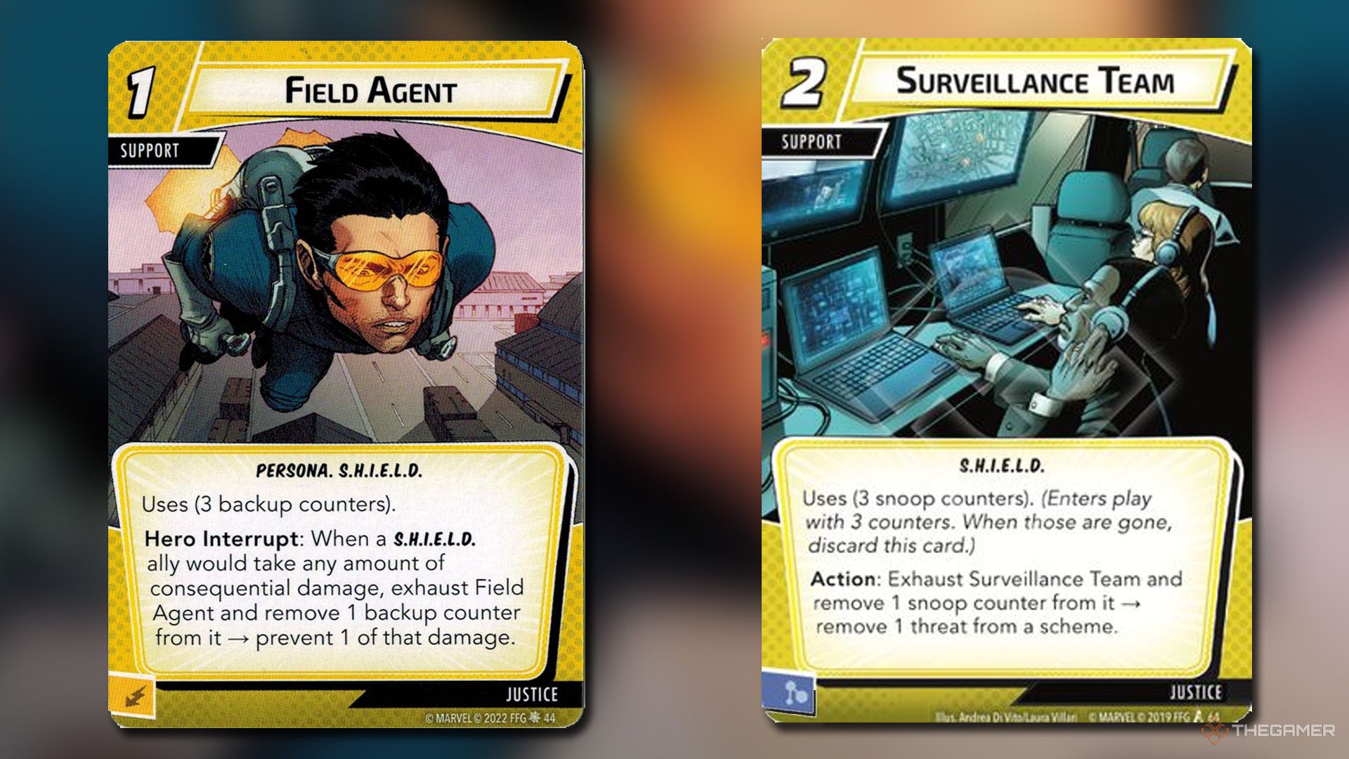 Surveillance Team and Field Agent cards from Marvel Champions.