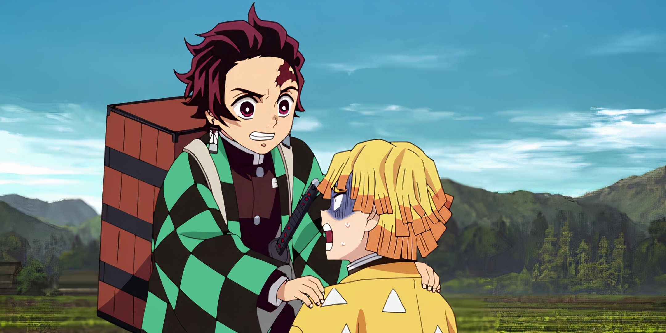 Tanjiro argues with Zenitsu in the mansion arc of Demon Slayer.