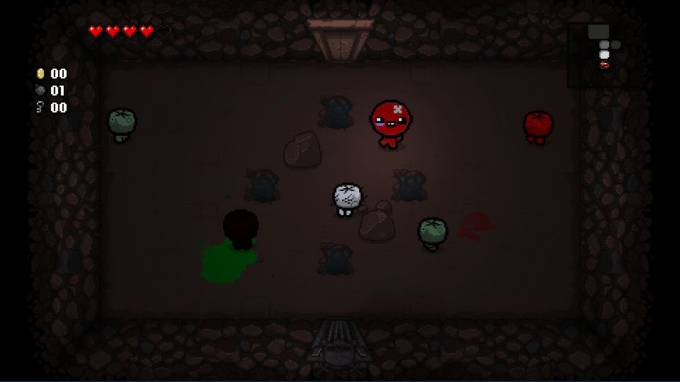 The Binding of Isaac character in a room with enemies and rocks.