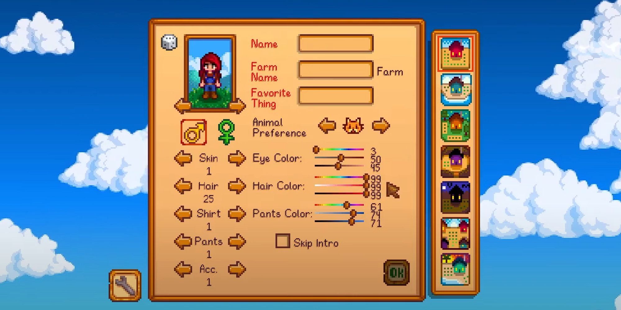 The character creation menu in Stardew Valley