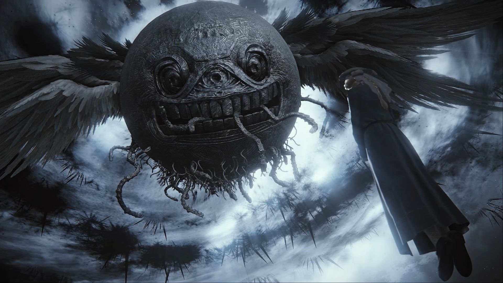 An image taken from The Duskbloods trailer, showcasing a mage levitating in front of a moon-like creature with a grotesque face that has sprouted wings.