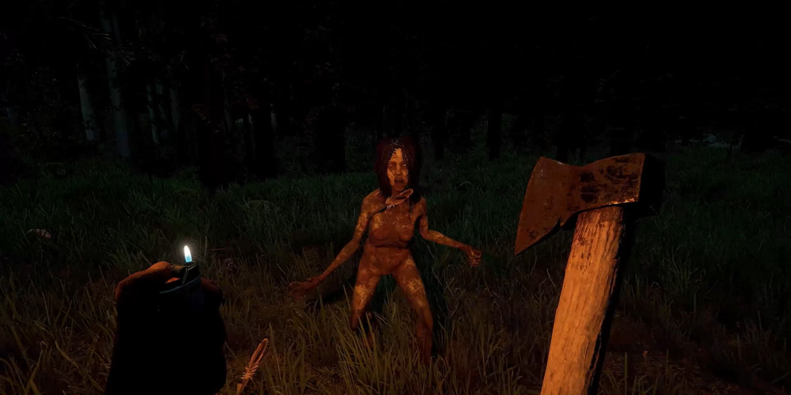 A first-person view of The Forest, in which the protagonist fights a cannibal with an axe.