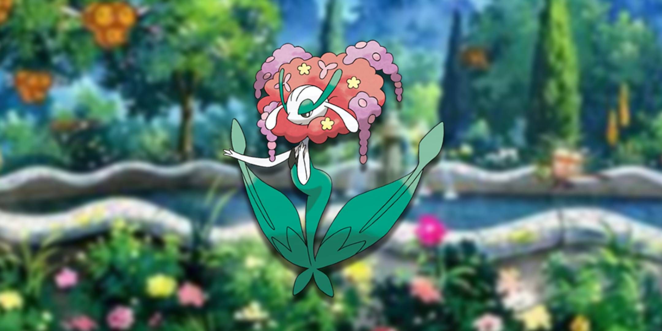 The Pokemon Florges in a flower garden.