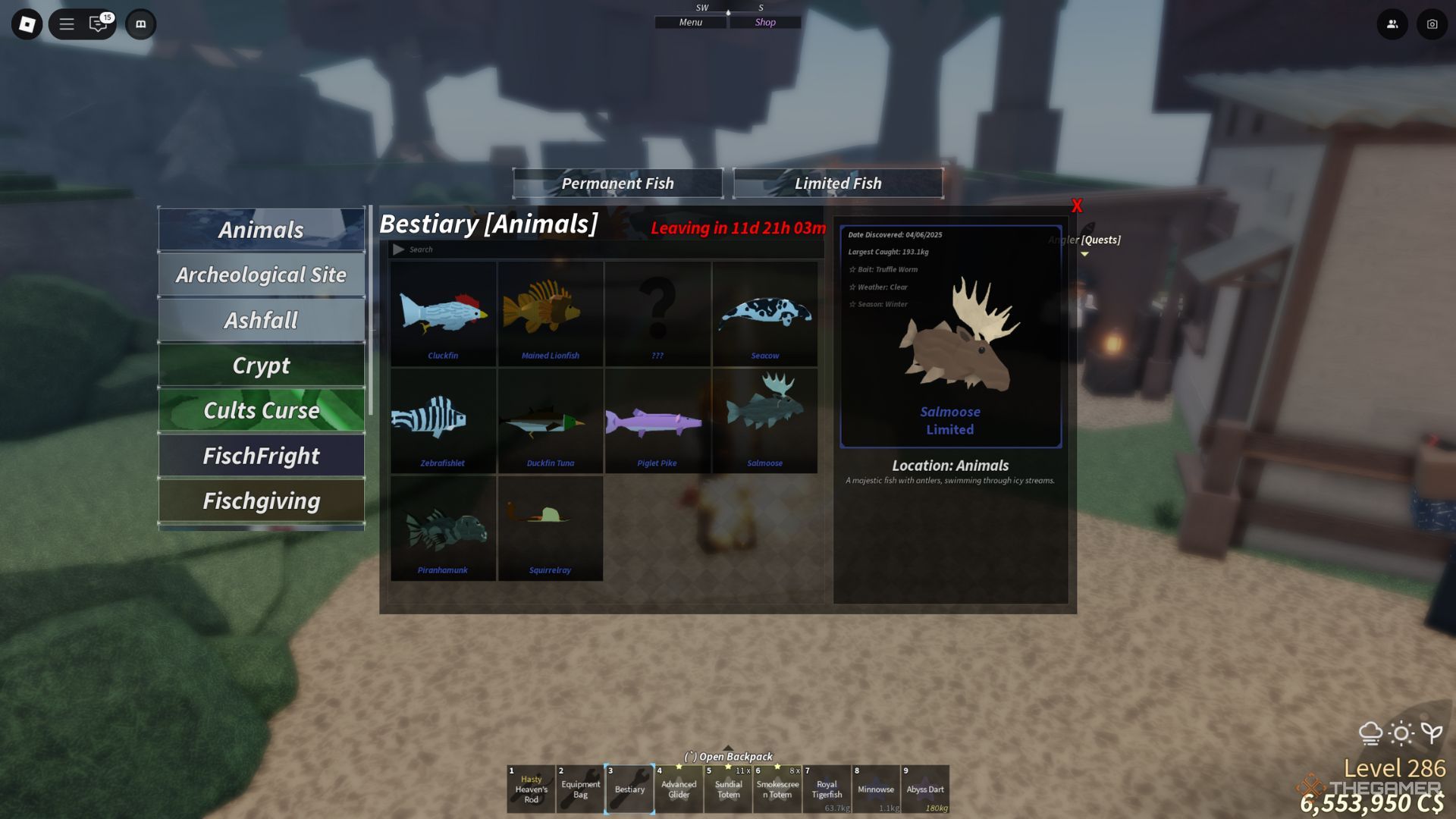 The player character shows a fully completed Sea 1 Animals bestiary in Fisch.