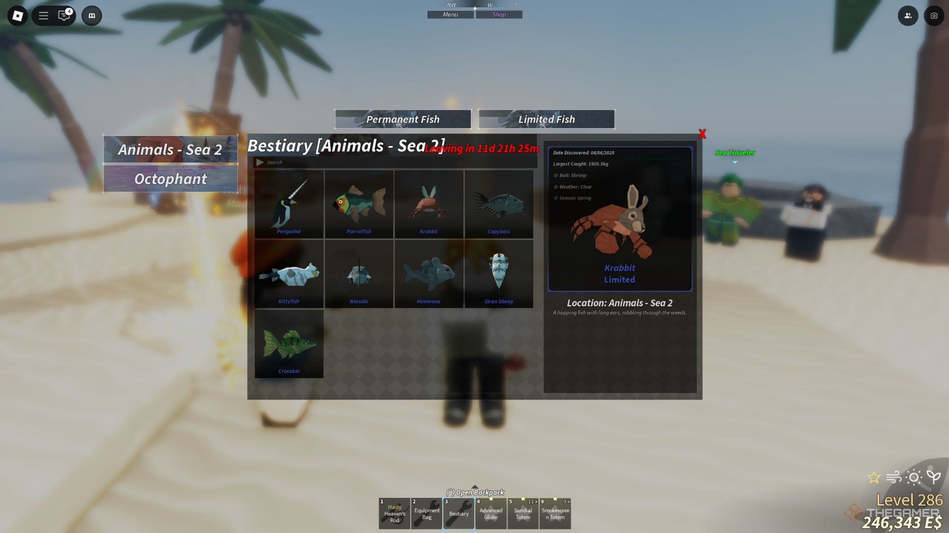 The player character shows a fully completed Sea 2 Animals bestiary in Fisch.