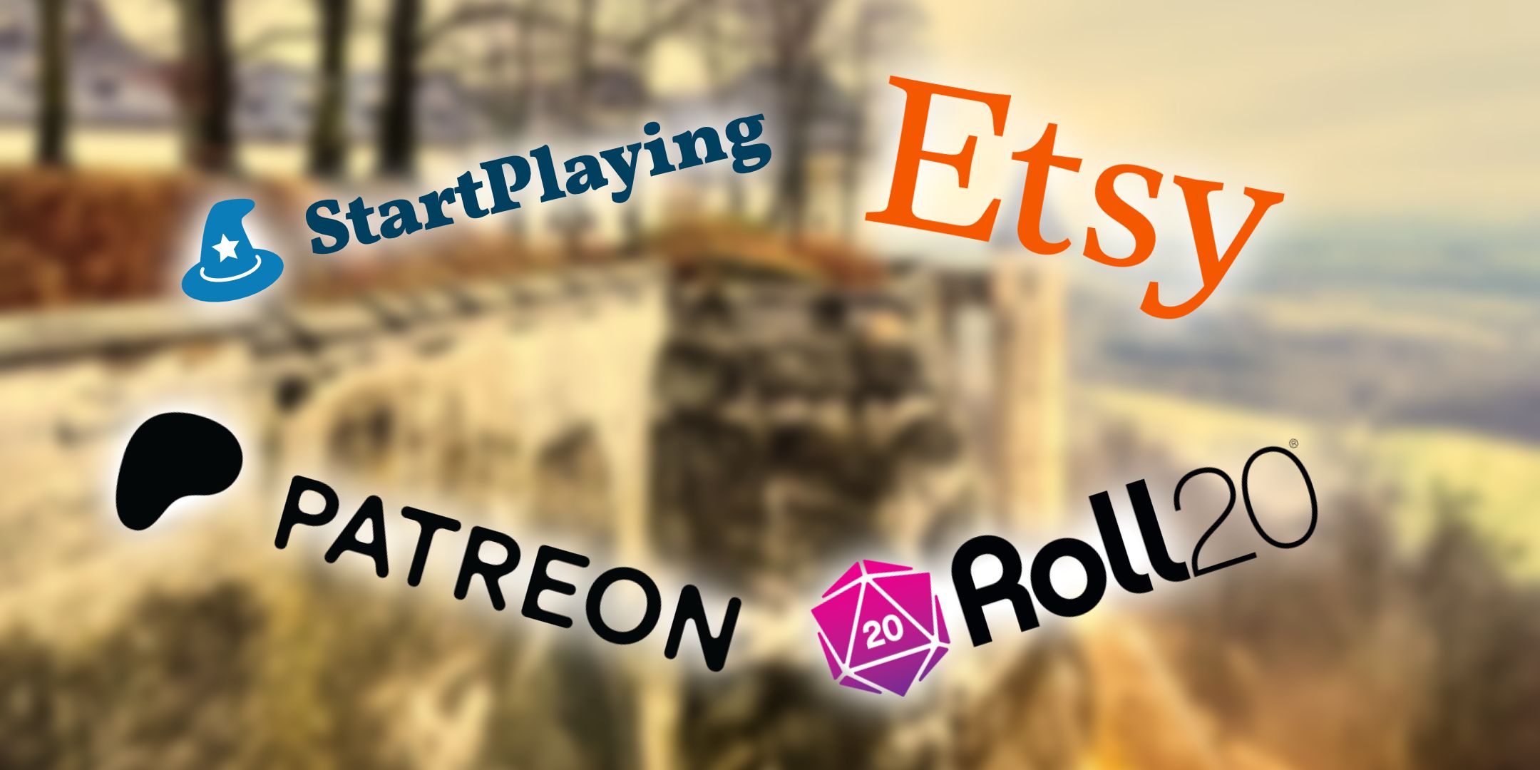 The StartPlaying, Etsy, Patreon, and Roll20 logos over a blurred background.