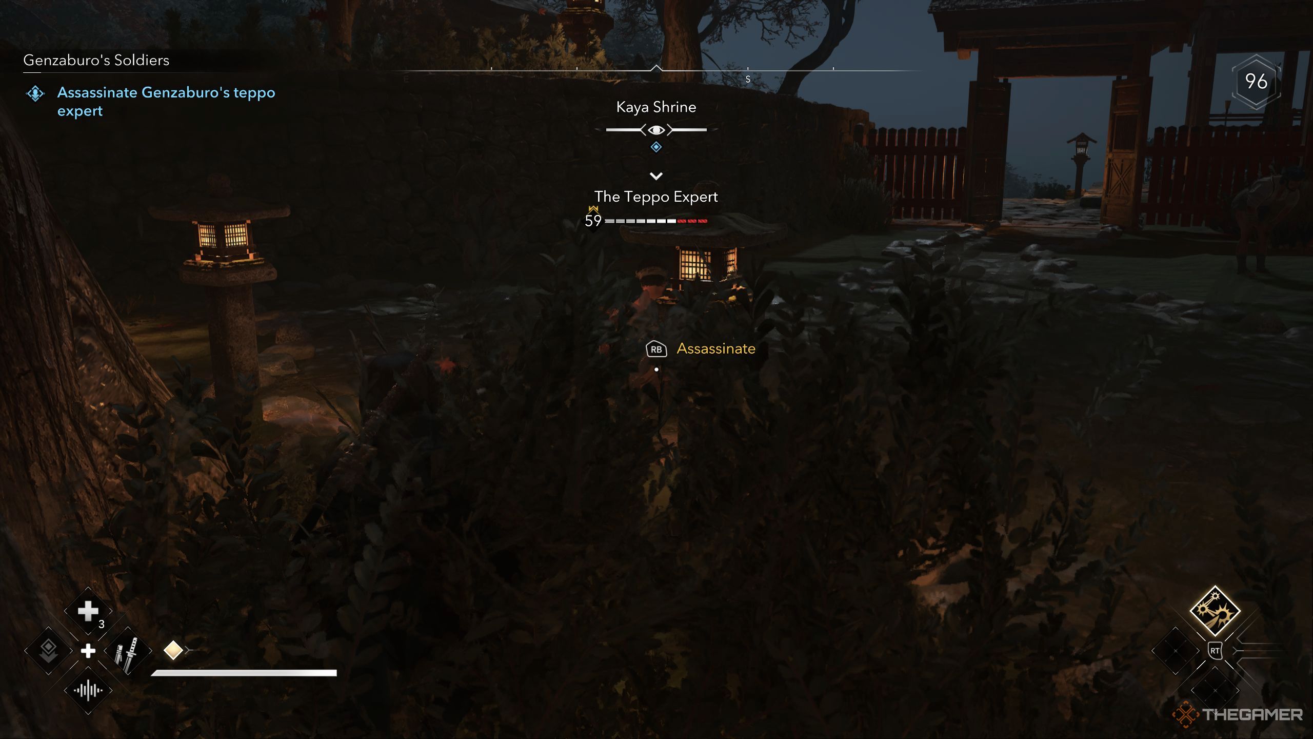 Naoe crouching behind the Teppo Expert in AC Shadows.