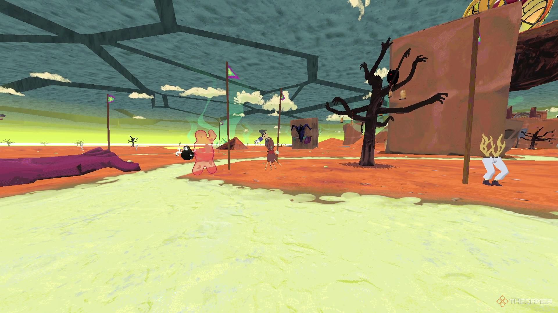 The Wooden Horse stands next to a strange tree with hands on its branches in Ena Dream BBQ.