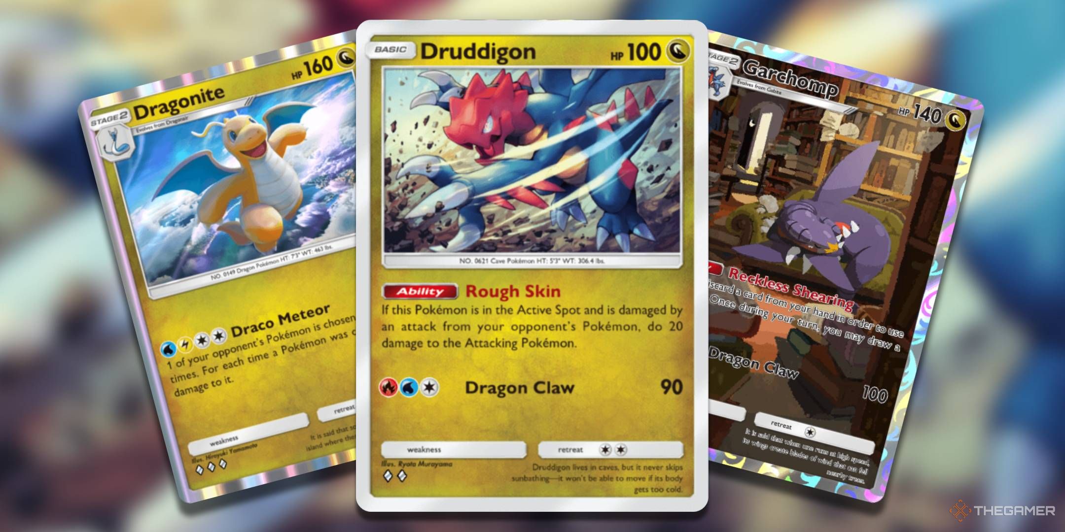 Dragonite, Druddigon, and Garchomp cards from Pokemon Pocket.