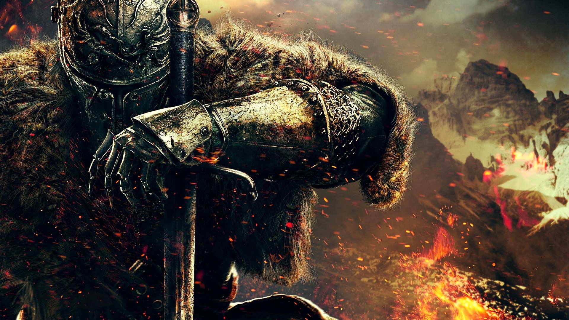 Main character kneeling and holding a sword in Dark Souls 2.