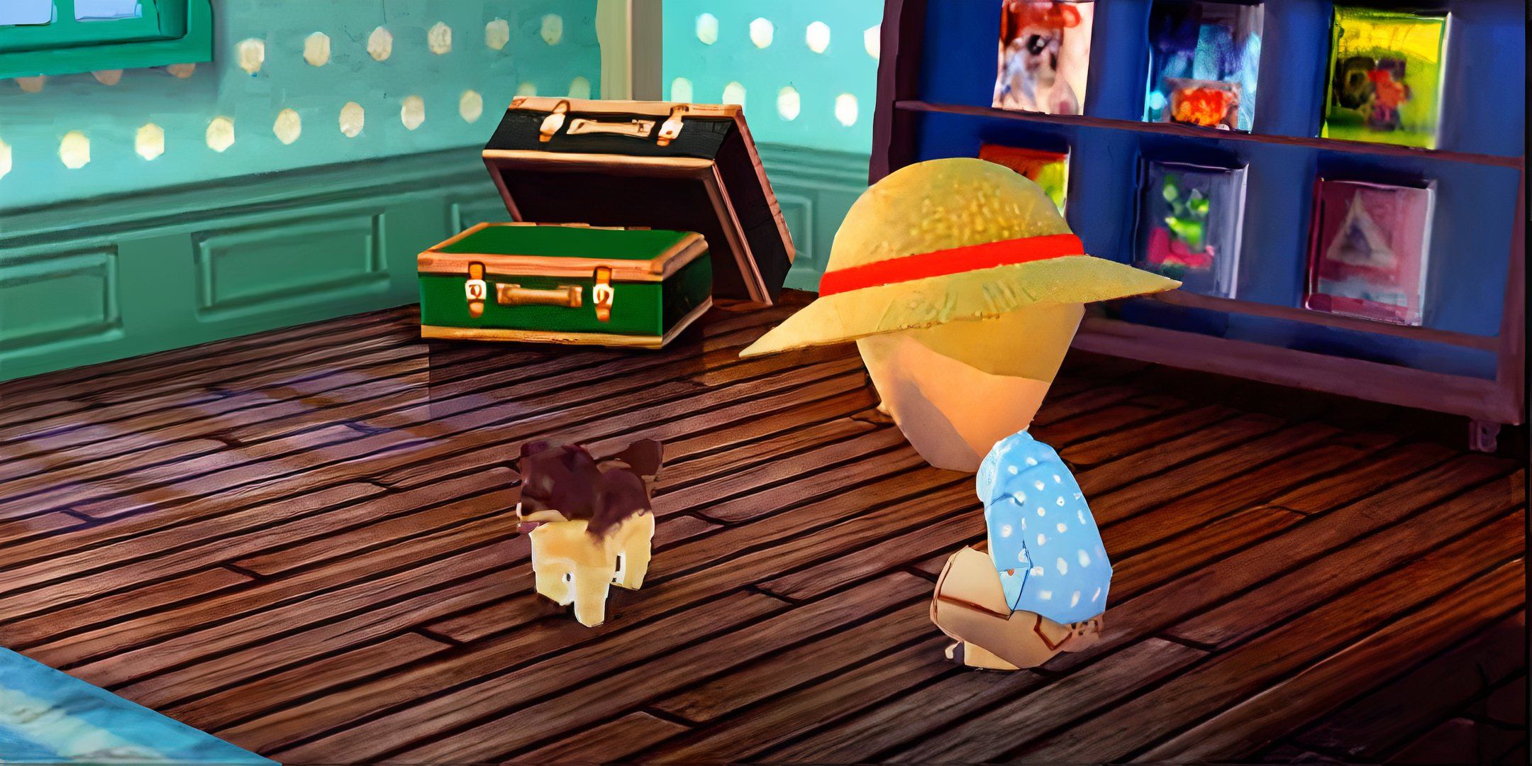 A Mii playing with a dog in Tomodachi Collection.