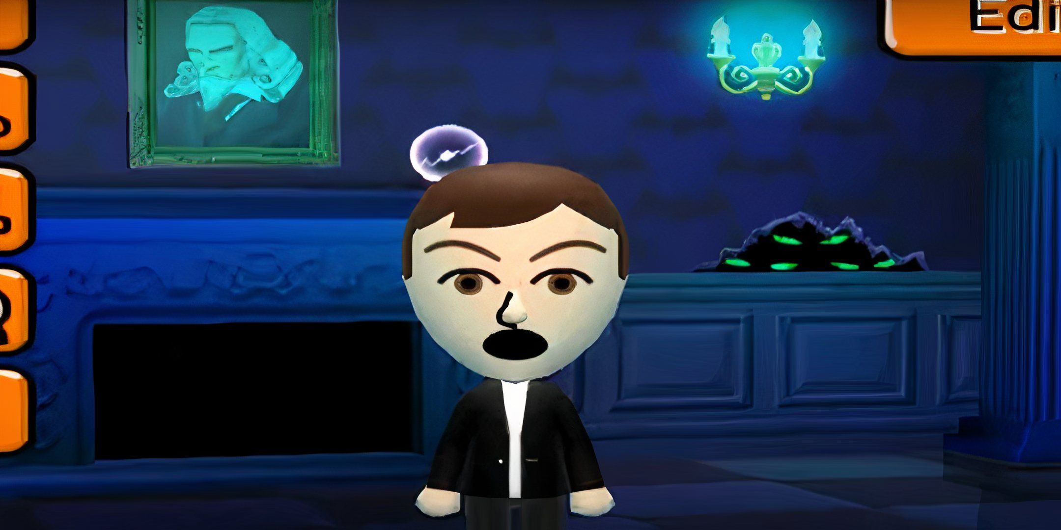 A Mii from Tomodachi Life in a haunted house.