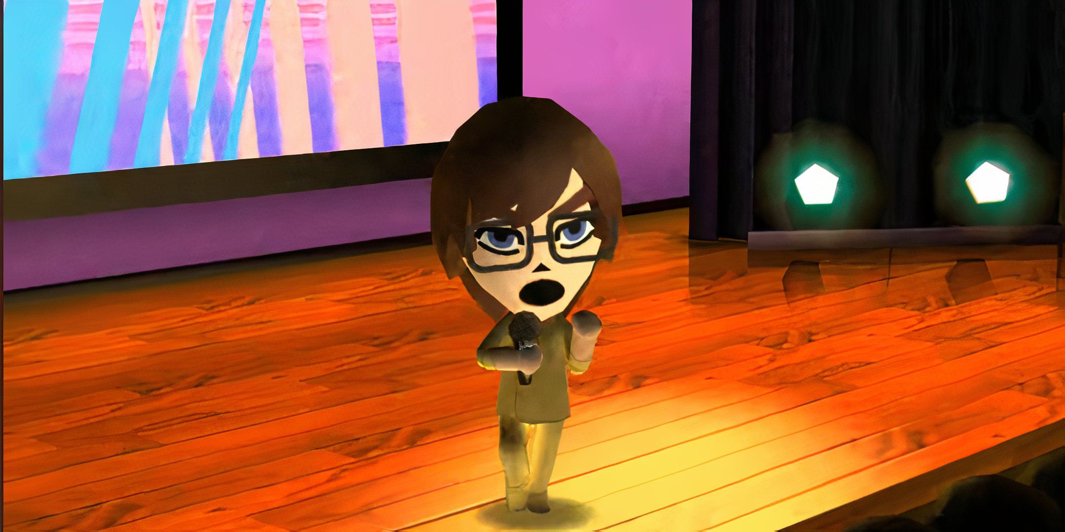 A Mii singing their original song in the music hall in Tomodachi Life.